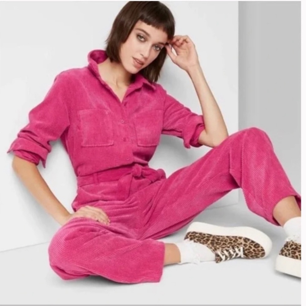Wild Fable Hot Pink Long Sleeved Corduroy Jumpsuit | X-Small